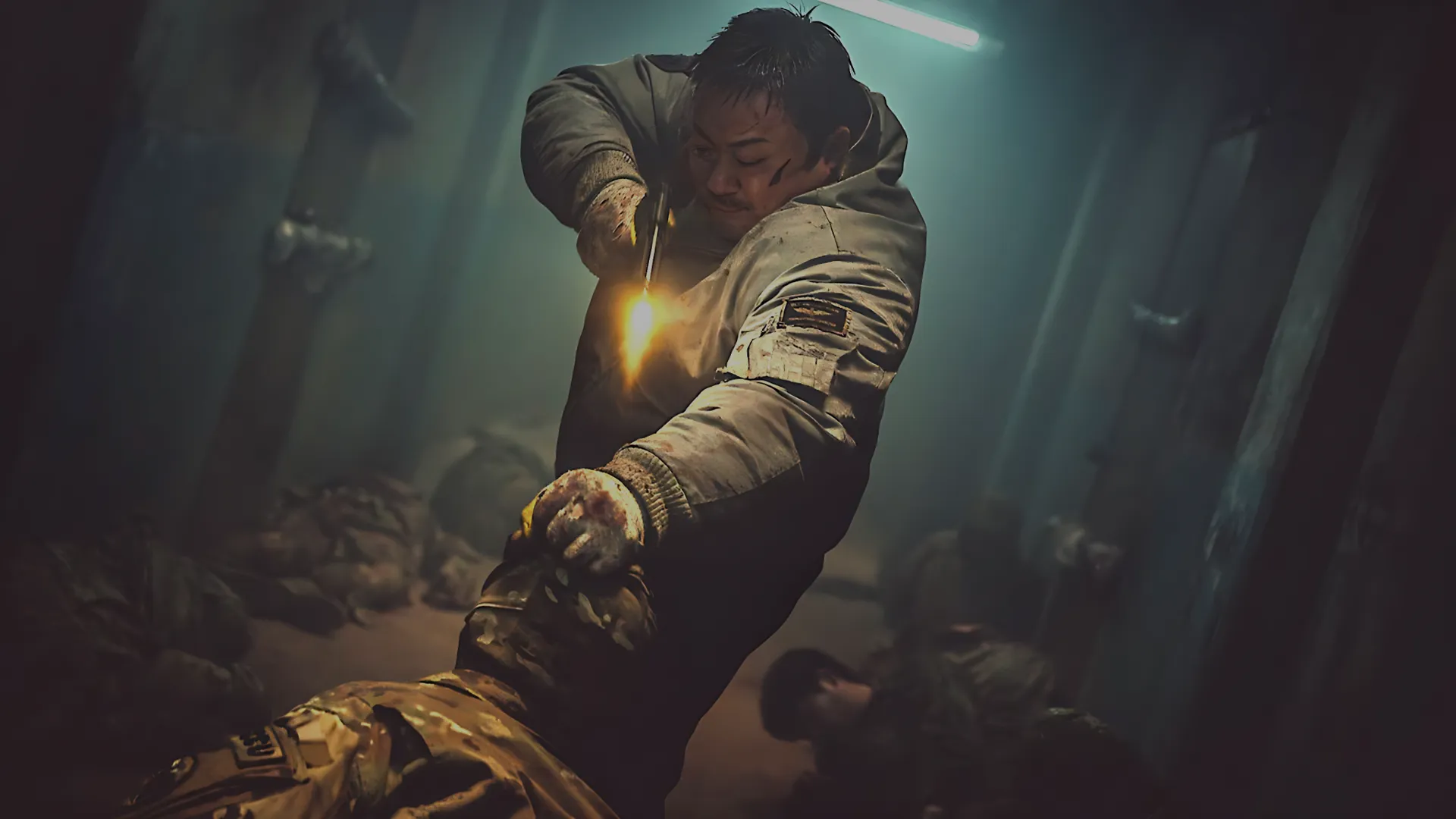 un hombre coreano disparando a otro hombre